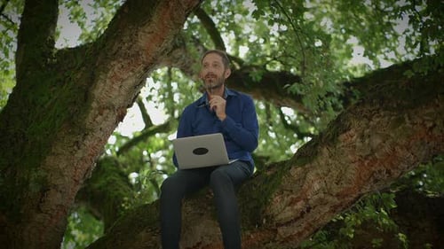 Man Working on Laptop Sitting High in Tree