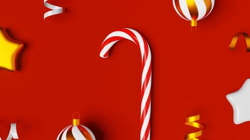 Christmas ornament candy cane balls shiny ribbons 3D animation loop red. Christmastide lollipop 4K