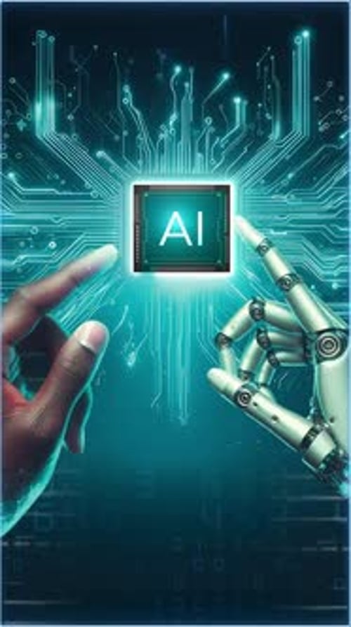 Human and Robot Hand Interacting with AI Chip on Circuit Board