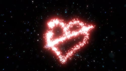 Cœur d'amour rouge abstrait et l'inscription « amour » faits de petites particules d'énergie brillantes et brillantes