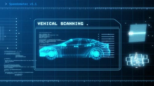 Blue HUD Driving Car Scanning User Interface in Pixels Display