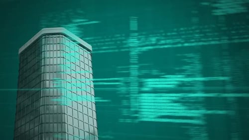 Data processing over grid network against tall building on green background