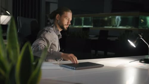 Businessman Accomplished Work End Working Day Off Table Lamp Light Laptop Computer Close Business