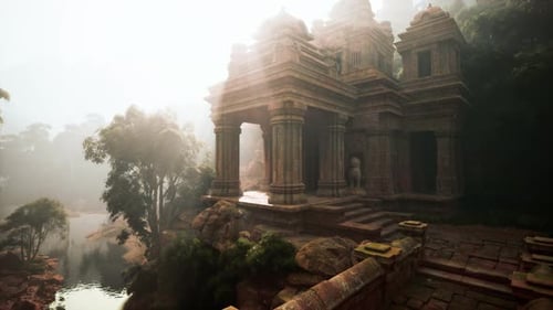 Foggy Landscape With Ancient Cambodian Temple and Pond