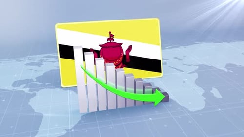 Brunei Flag With Decrease Bar Chart Graph And Arrow Green