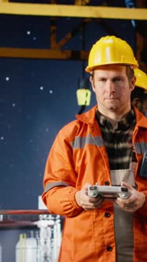 Vertical Video Offshore Engineer Uses Drone for Maintenance and Inspection of Drilling Platform