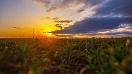 Sonnenaufgang, Zeitraffer, Skyline, Sonne geht auf, Wolken ziehen über Gras, grüne Nahaufnahme, Strommasten allein
