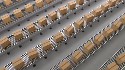 Automated Conveyor Belts with Shipping Boxes in a Modern Factory