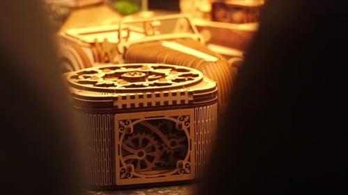 Intricate Wooden Mechanical Box Displayed at Edinburgh Christmas Market
