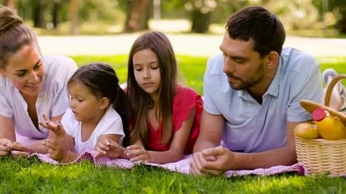 Family lays on blanket during picnic in the park