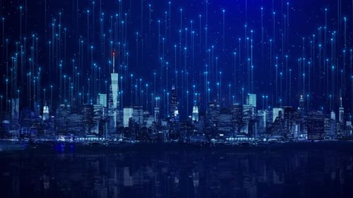Futuristische digitale Technologietransformation Smart City-Hintergrund Stadtsilhouette Künstlich