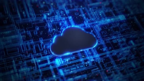 Animated Blue Cloud Icon on Futuristic Digital Circuit Board