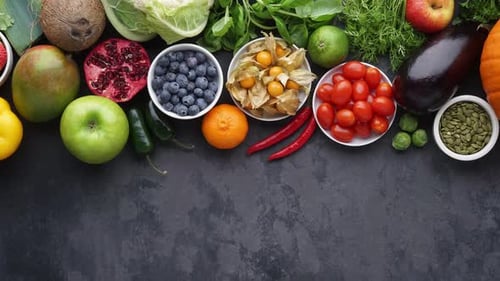 Healthy Fruits and Vegetables Still Life with Copy Space