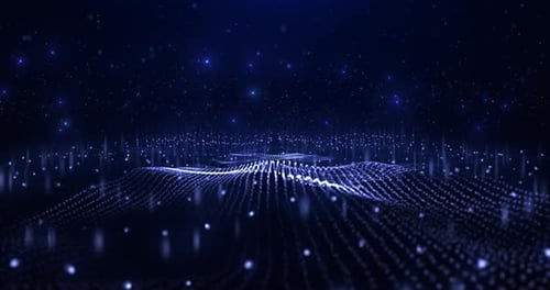 Abstract digital blue background with moving particle waves, glowing fluid particles