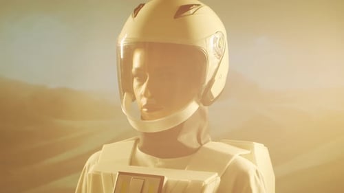 A Woman Astronaut in a Spacesuit Explores Another Planet Young Female Cosmonaut in Space Suit on