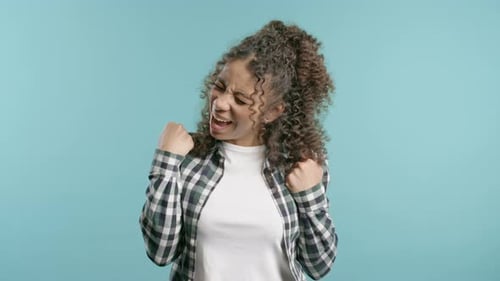 African Teenager Girl Triumph Yes Gesture of Victory Glad Woman Won Winner