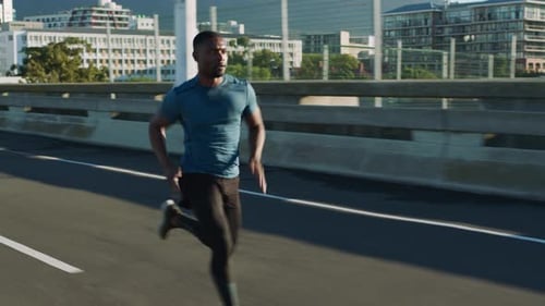 Man, city road and running fast for fitness wellness, sports workout and exercise training
