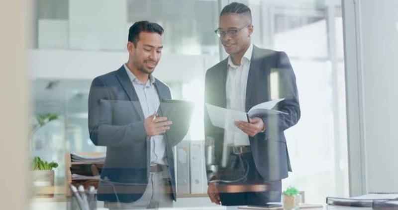 Business people, tablet and advice with team in office for project ...