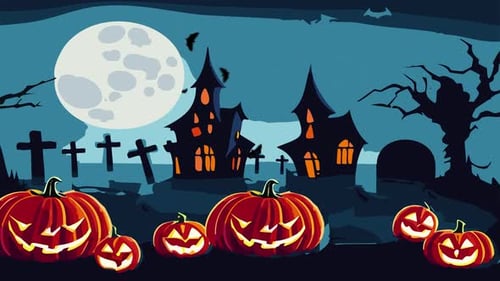 Spooky Halloween Night Animation with Jack-o'-Lanterns and Haunted House