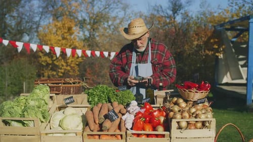 Senior Farmer Stands at the Stall at Farmers Market