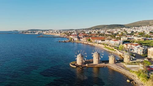 Aerial View of the Famous Windmills on Chios Island at Sunrise