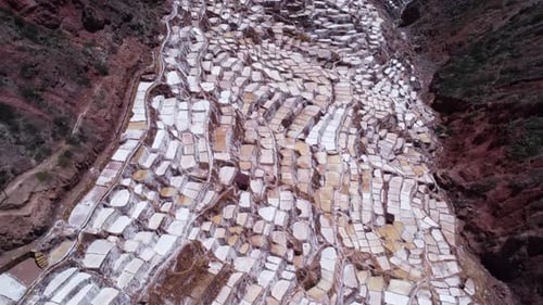 Salt Mines of Maras in the Sacred Valley of Peru take over entire hillside in textured pattern