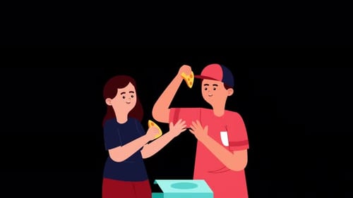 Girl and Boy Eating Pizza Amimation Alpha Channel 4K