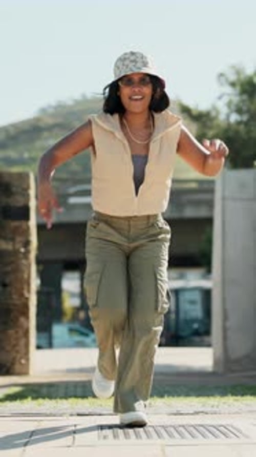 Dance, energy and a woman walking in a garden during summer for freedom or movement in rhythm