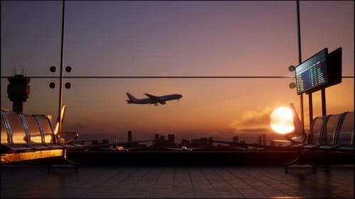 Empty Waiting Room In Airport Terminal At Sunset. Airplane Takes Off