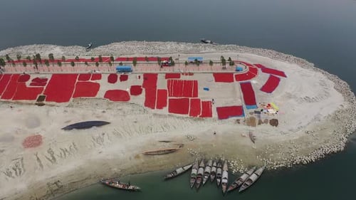 Aerial view of chillies drying in Bogura, Bangladesh.