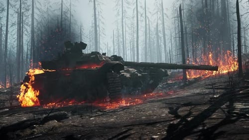 Burning Tank in Scorched Forest War Scene