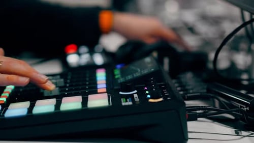 Audio Mixer Control with Backlit Pads in Podcast Studio