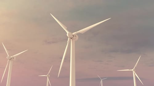 Parque de aerogeneradores al atardecer. Energía alternativa limpia.