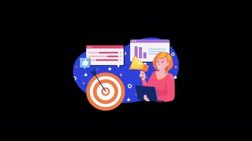 Woman analyzing data with target icons and graphics