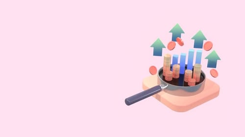 Animated Gold Coins, Upward Arrows, Magnifying Glass and Bar Chart with Copy Space.