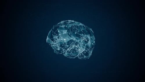 Blue polygon digital brain logo with grid line and ai technology icon