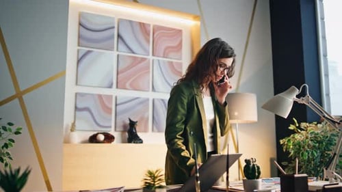 Girl Manager Communicating Telephone at Office Business Woman Talking Phone