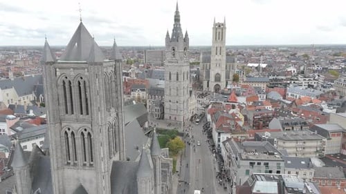 Gent Belgium Aerial View of Saint Bavo Cathedral and Medieval Towers