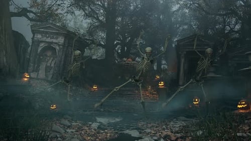 Halloween Night Skeletons Dance With Monster Drummer In Spooky Cemetery