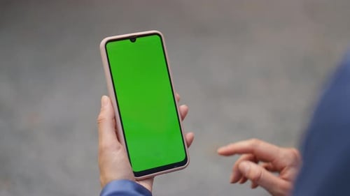 Woman Hand Touching Chroma Key Screen Outdoors Closeup Finger Tapping Chat Cell