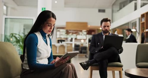 Hotel, guest and woman with tablet, lobby or browsing on website for communication, email or online