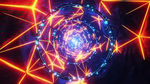 Flying through a neon tunnel with rings. Infinitely looped animation