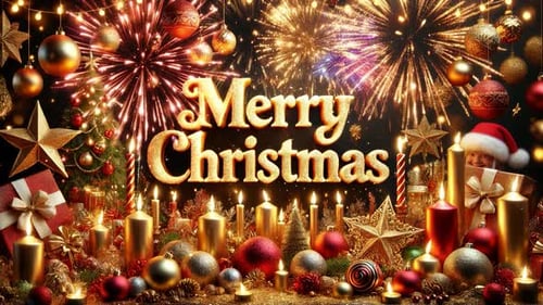 Merry Christmas Holiday Background Loop with Sparkling Fireworks and Golden Ornaments
