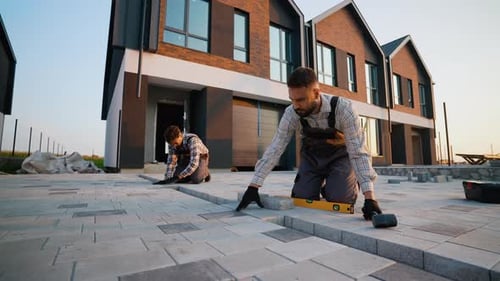 Construction Workers Installing Paving Slabs on a Driveway