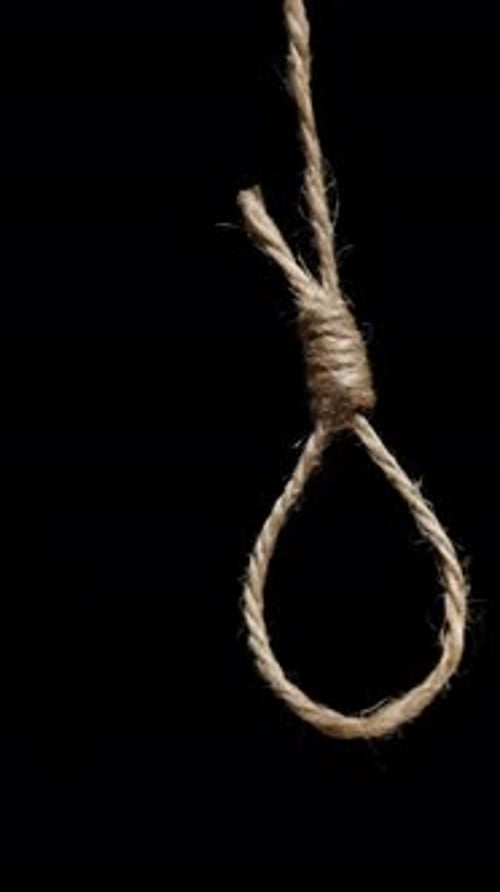 Vertical video. Executioner's Noose On A Black Background, Concept Of Capital Punishment And Hanging