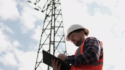 The power engineer inspects the high-voltage line and writes the data to the log.