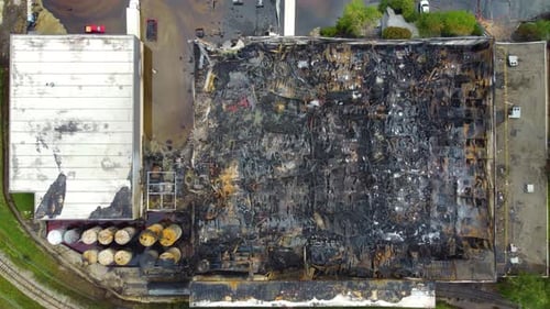 Aftermath Of Burned Industrial Plant Buildings. - aerial overhead