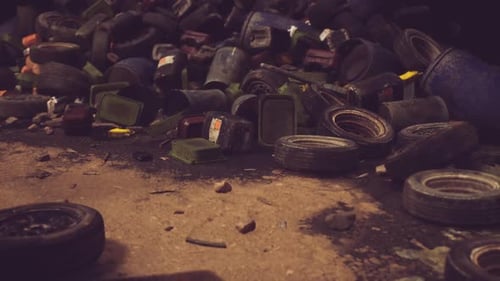 Debris of Discarded Tires and Containers Scattered Across a Neglected Area