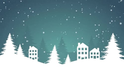 Flat Design Winter Town with Falling Snow Christmas Background