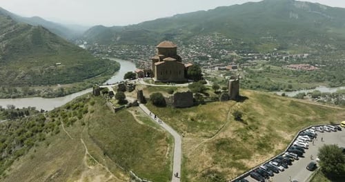 Drone View Of Georgian Orthodox Monastery Jvari In Mtskheta, Georgia. Rivers Mtkvari And Aragvi In B